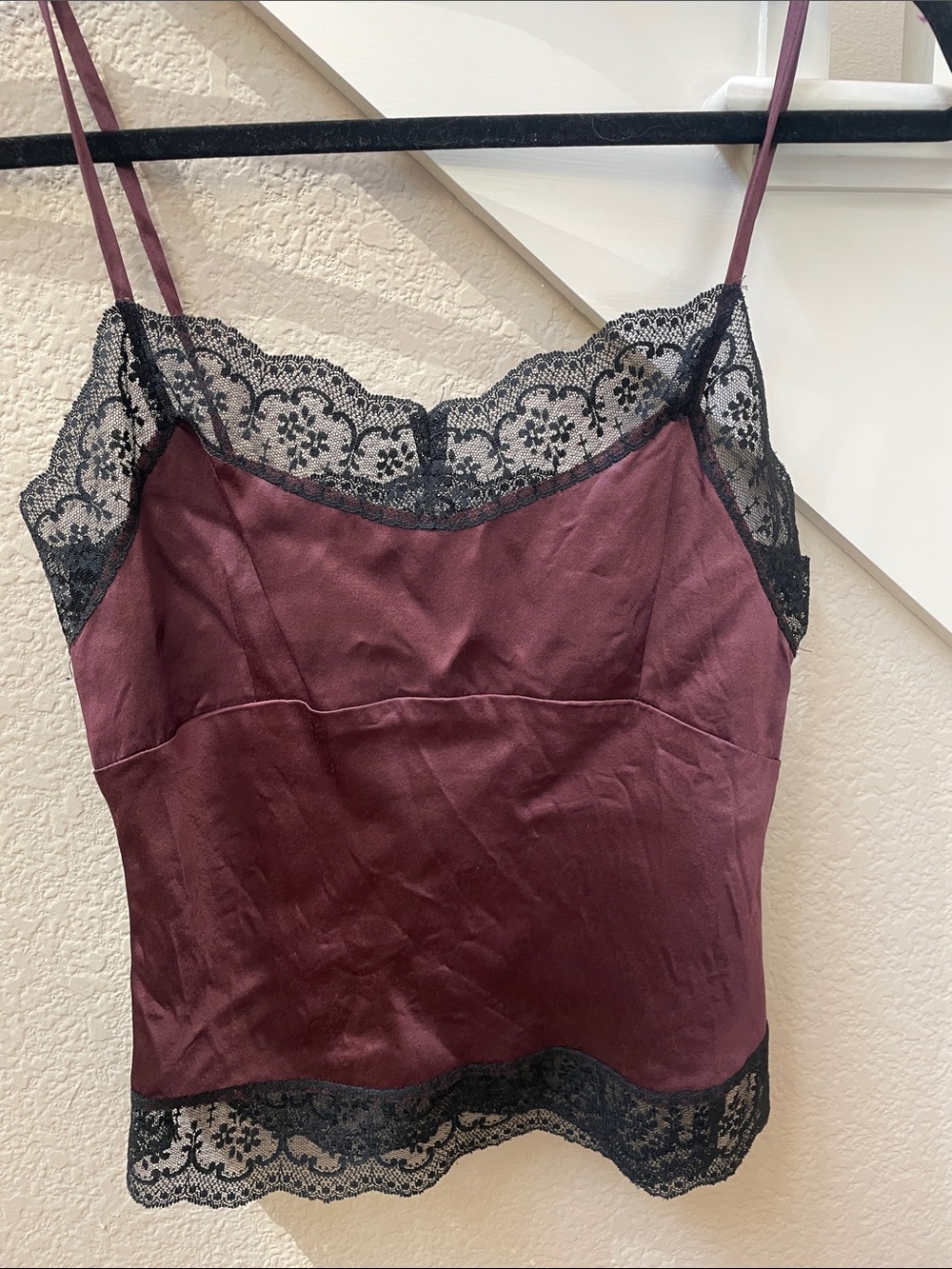 Eloise Satin Lace-Trim Cami Top - Chocolate Brown with Black Lace